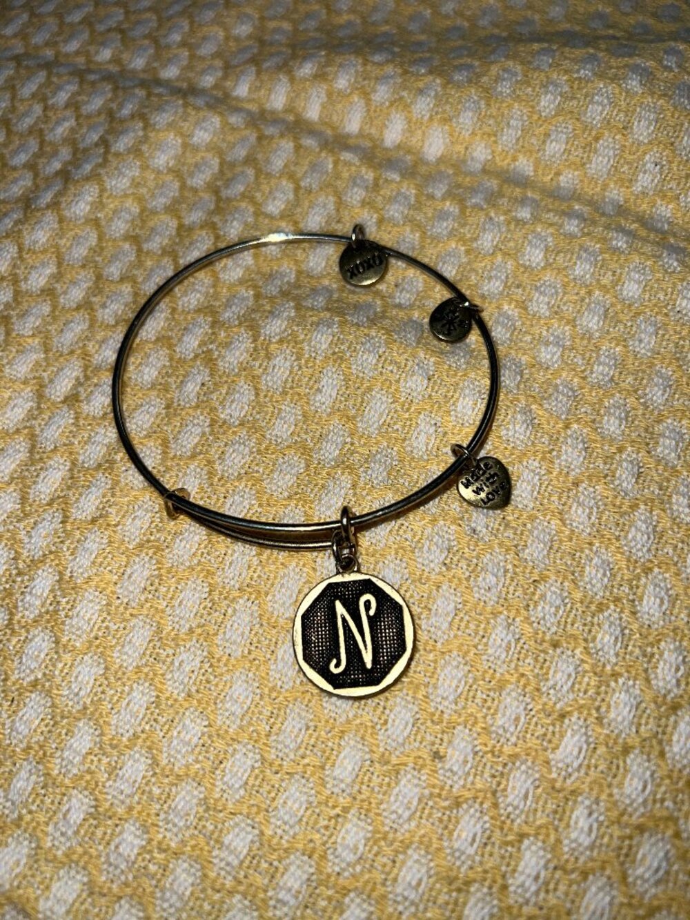 Gold Expandable Initial N Charm Bangle Bracelet | Letter N Wire Bangle